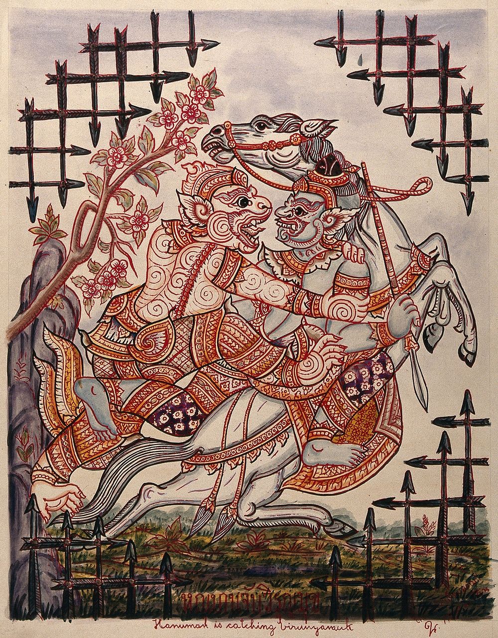 A scene from the Ramayana: Hanuman catching Virunyananti . Gouache painting by a Thai artist.