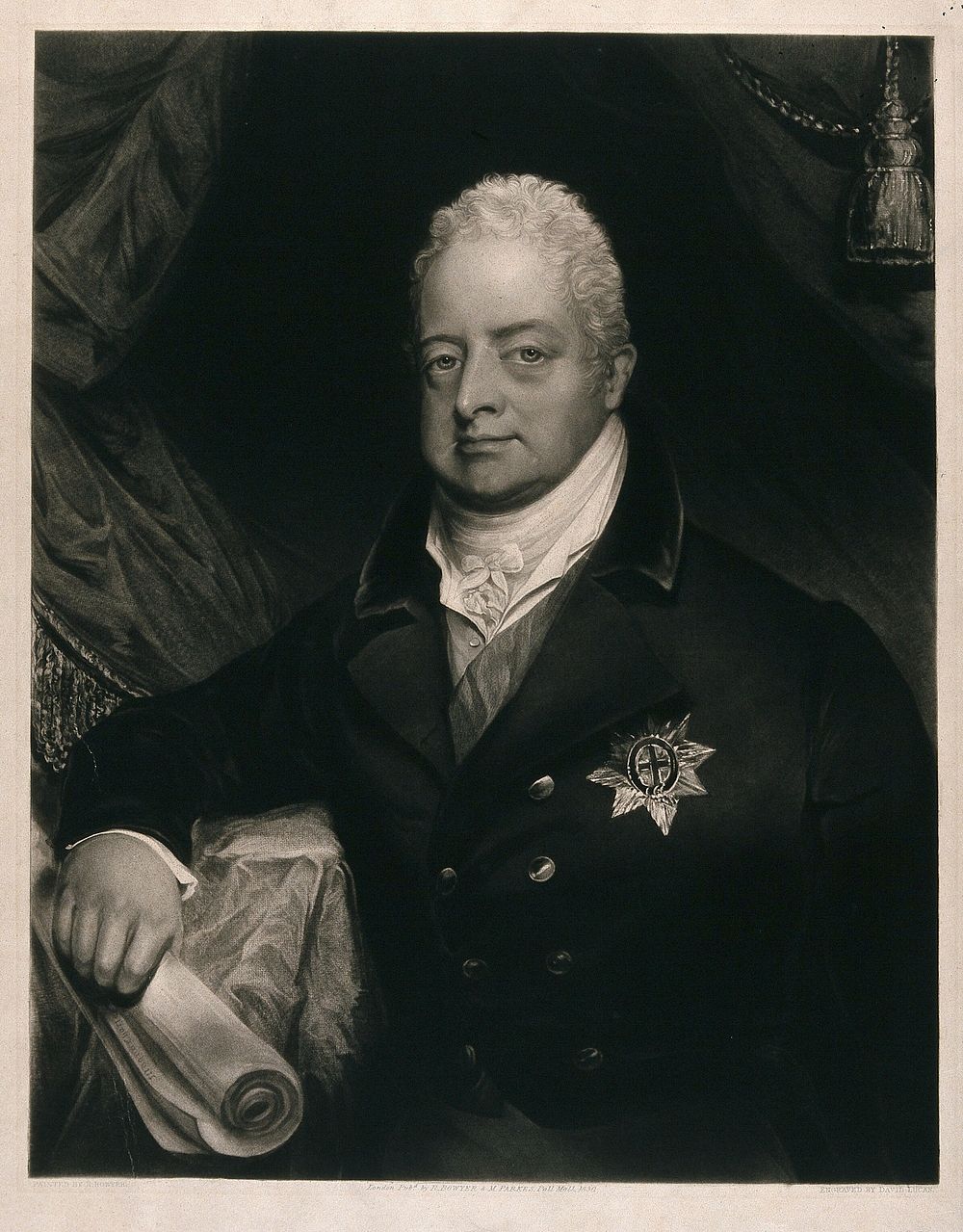 King William IV holding a scroll of the Magna Carta in his right hand. Mezzotint by D. Lucas after R. Bowyer, 1830.