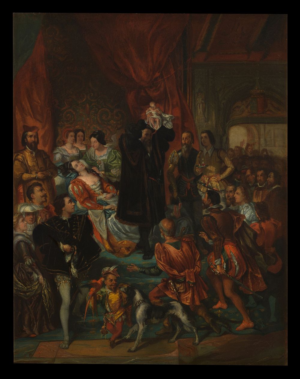 The birth of Henri IV at the castle of Pau. Oil painting after Eugène-François-Marie-Joseph Devéria.