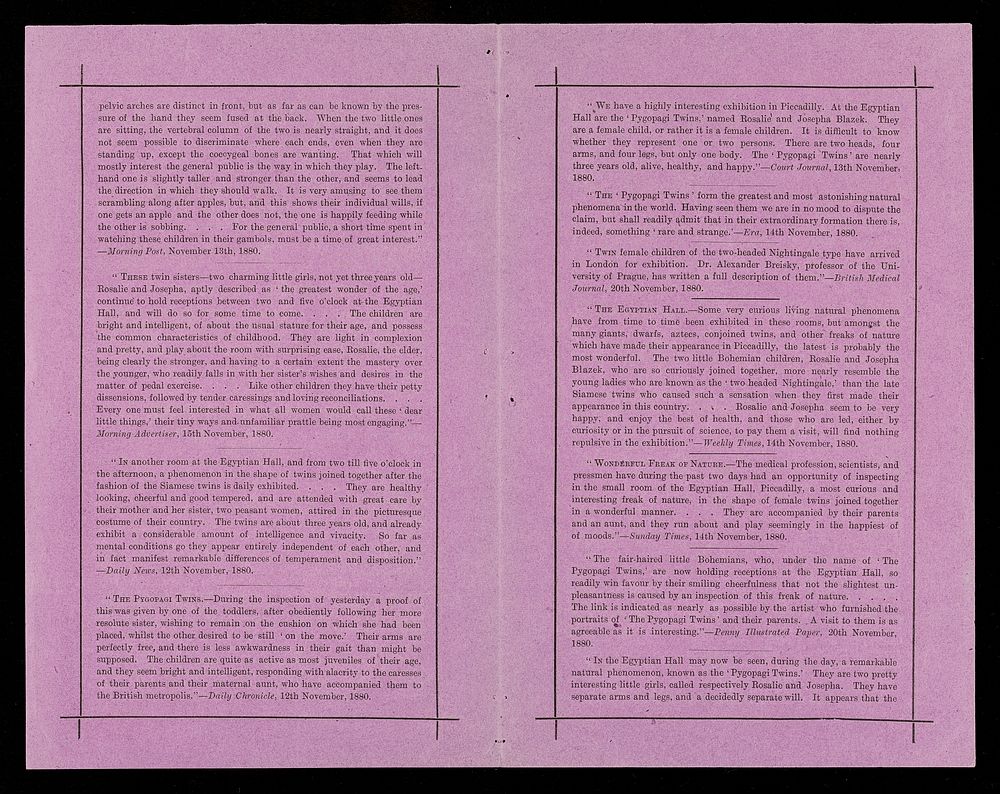 [Folded leaflet (purple paper - copies on turquoise paper exist) advertising appearances of 'The Pygopagi Twins', Josepha…