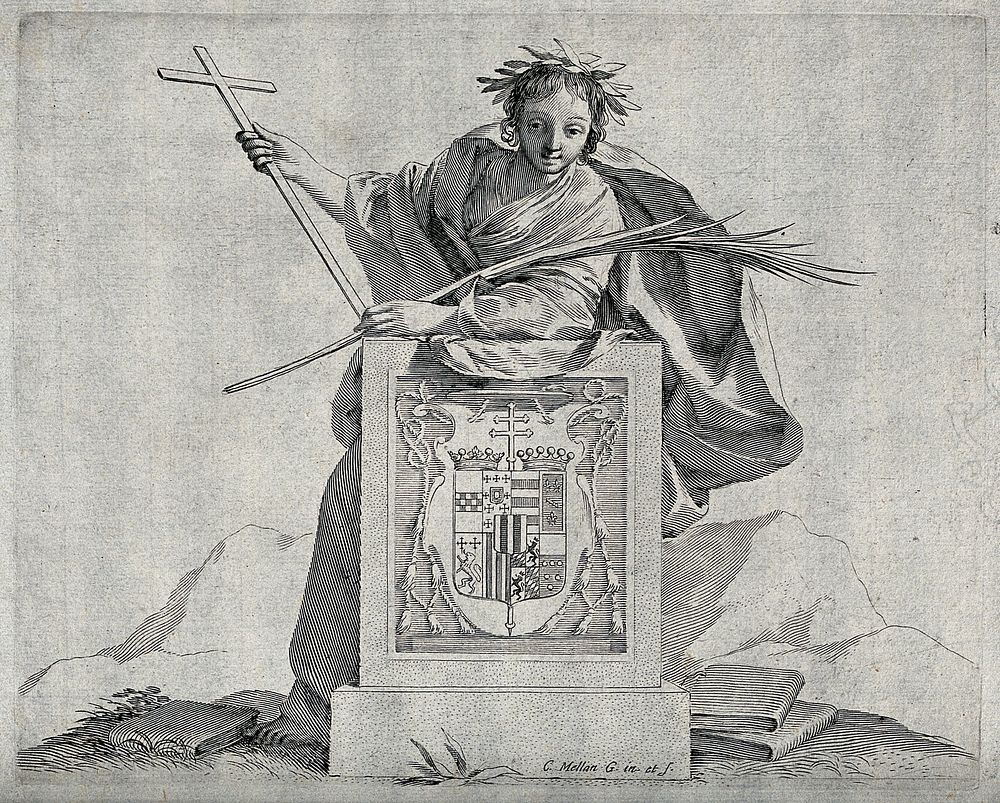 A young man (representing sanctity) holding the cross and a palm branch leans over a coat of arms; on the ground are two…
