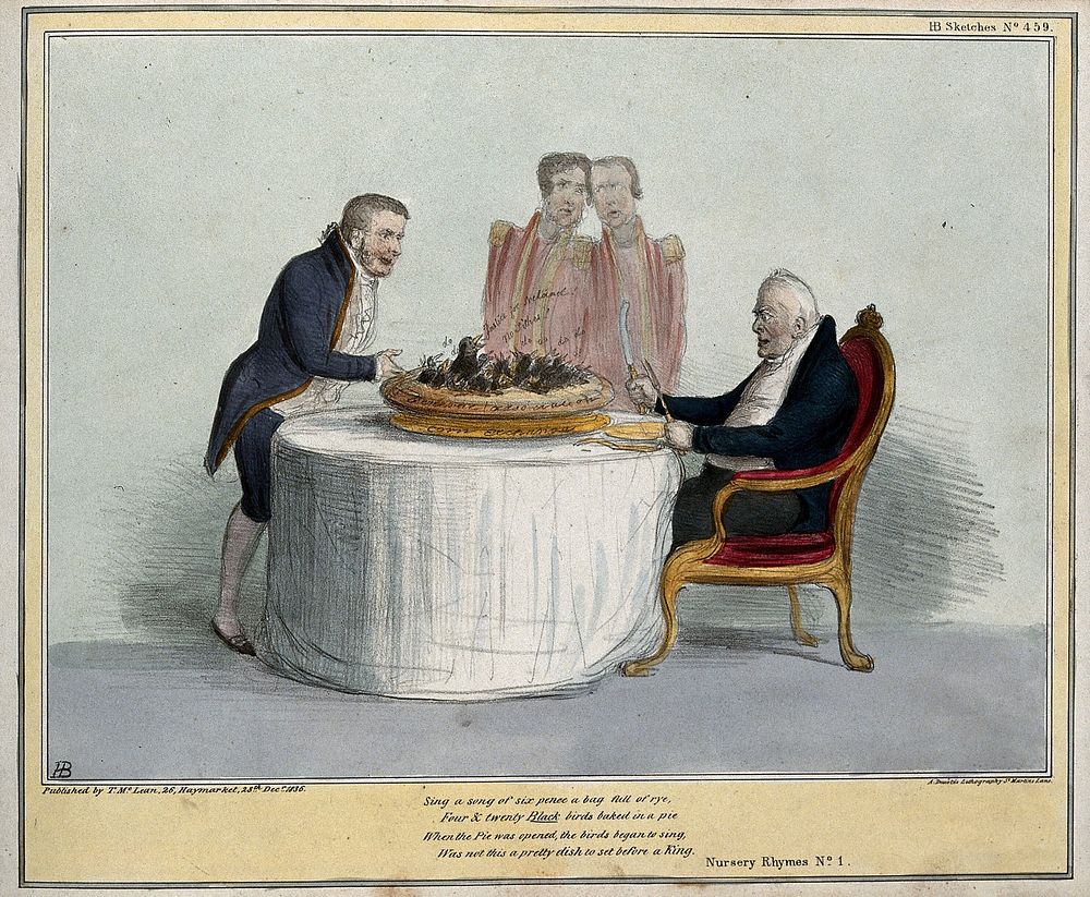 King William IV sits with knife and fork at the ready before a pie containing blackbirds served to him by Lord Melbourne.…