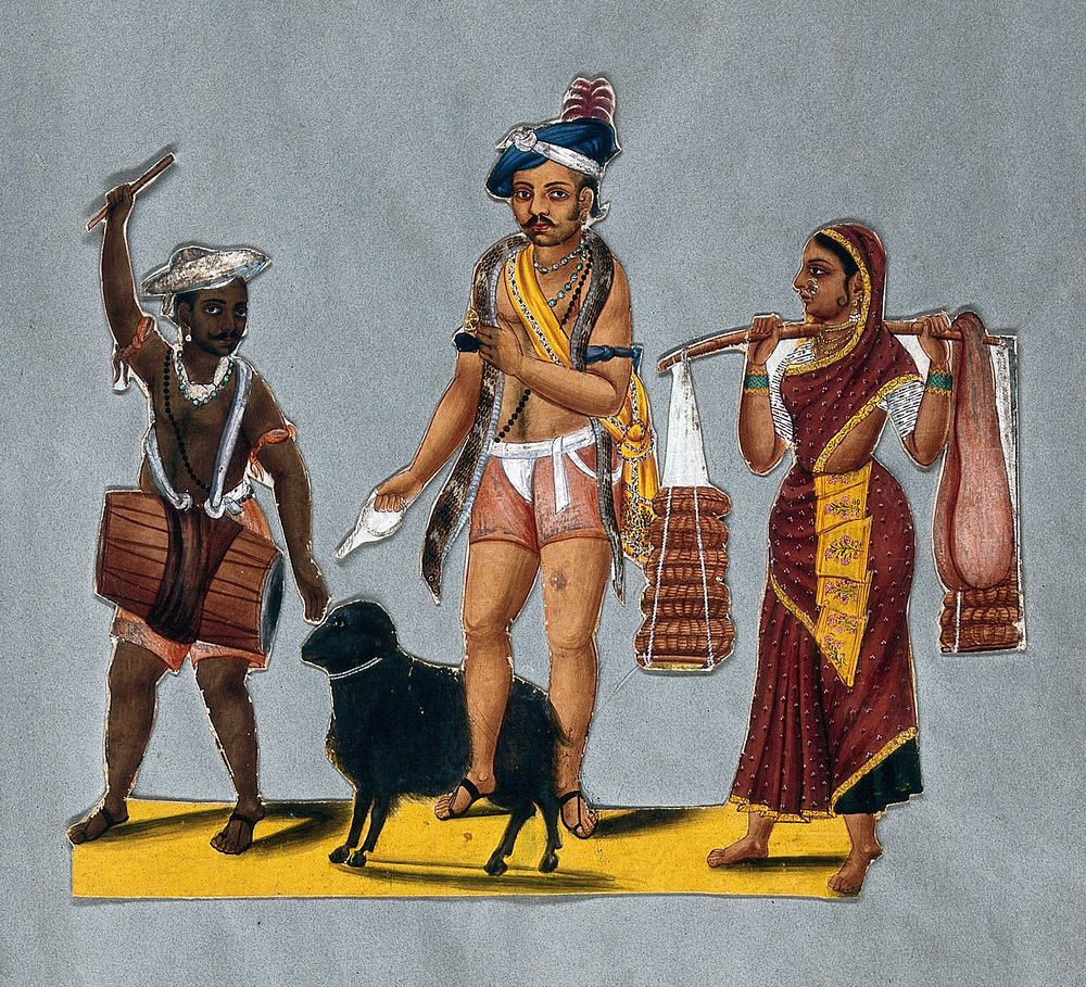 Indian travelling entertainers with animals. Gouache painting.
