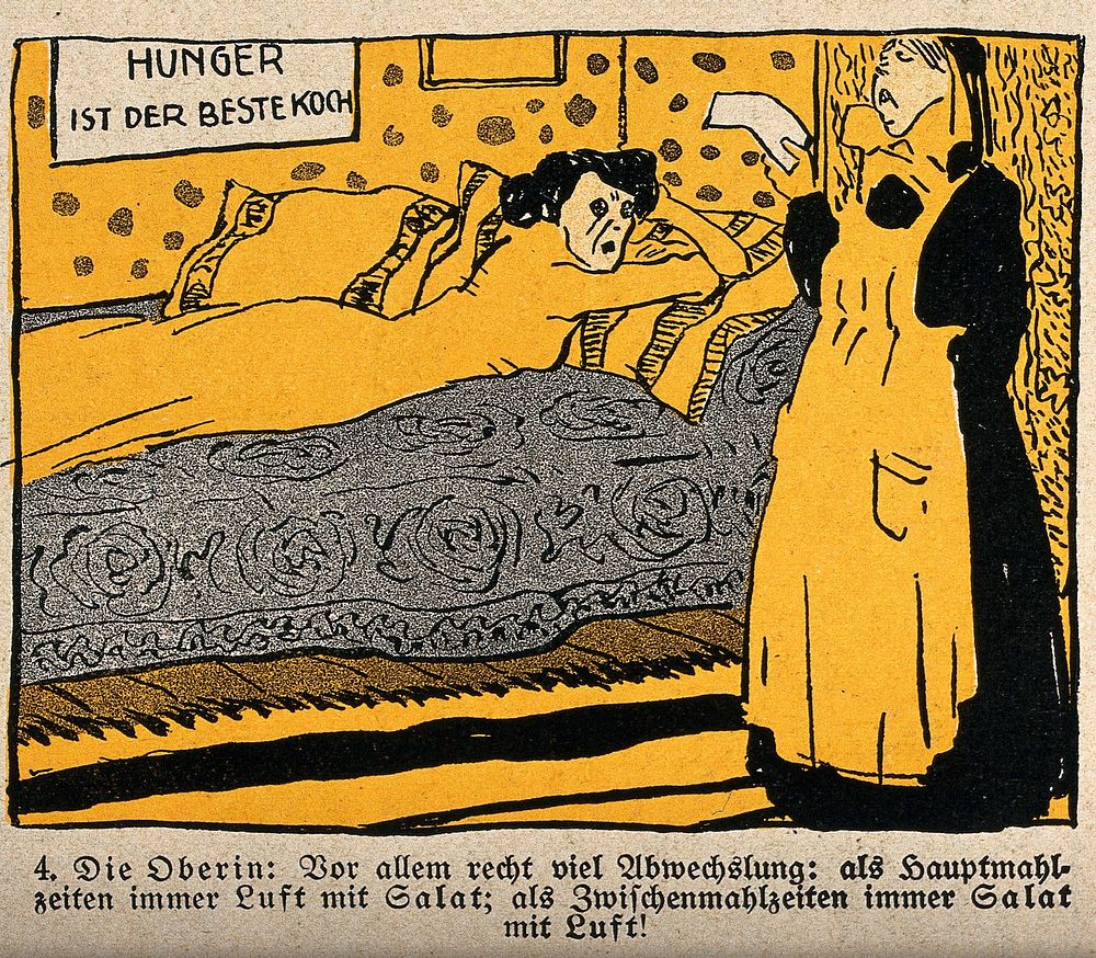 Starvation cure in a a sanatorium: a servant is bringing a message to a lady reclining on a couch in a sanatorium. Colour…