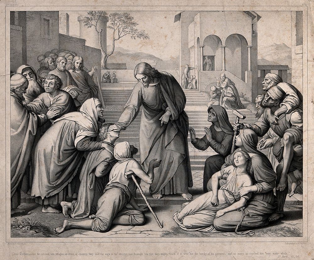 The sick come to Christ on his travels. Lithograph by M. Fanoli, 1849, after J.F. Overbeck.