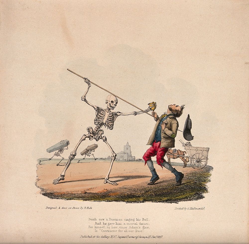 The dance of death: Death sees a dustman. Colour lithograph by Edward Hull, 18--.