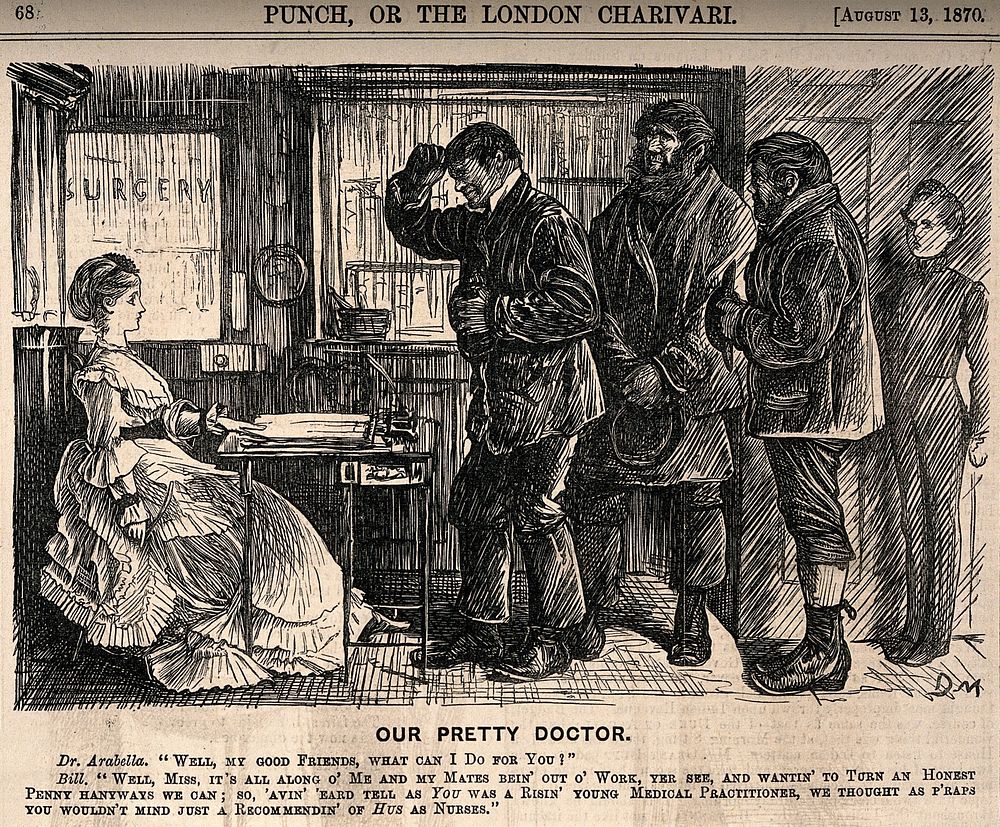 An attractive female doctor being approached by three burly men enquiring about nursing work. Wood engraving by G. Du…