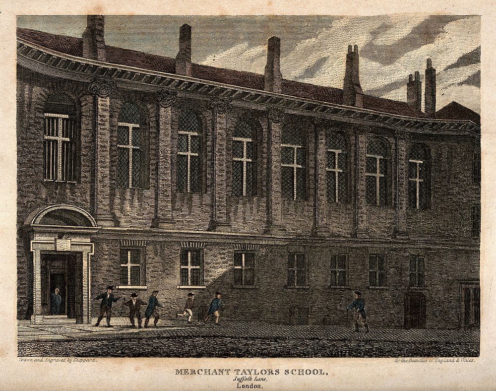 Merchant Tailors' School, Suffolk Lane, London: facade. Etching by Sheppard, 1815, after himself.