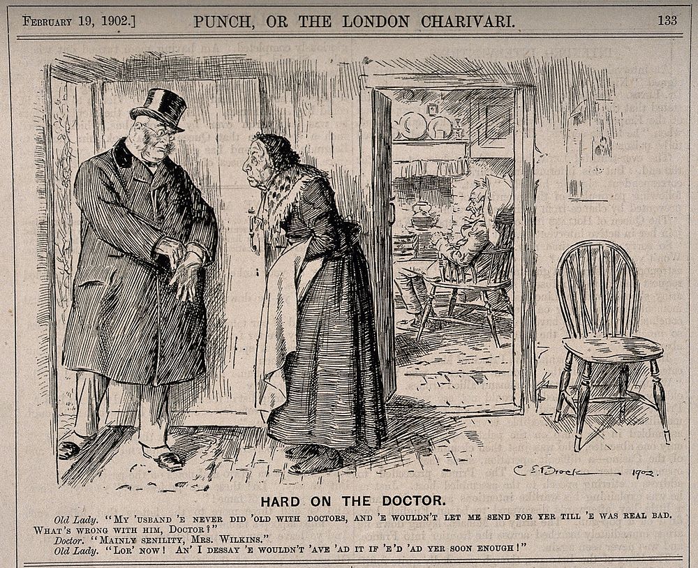 A doctor visiting a senile old man and discussing his verdict with the patient's wife. Wood engraving by C.E. Brock, 1902.