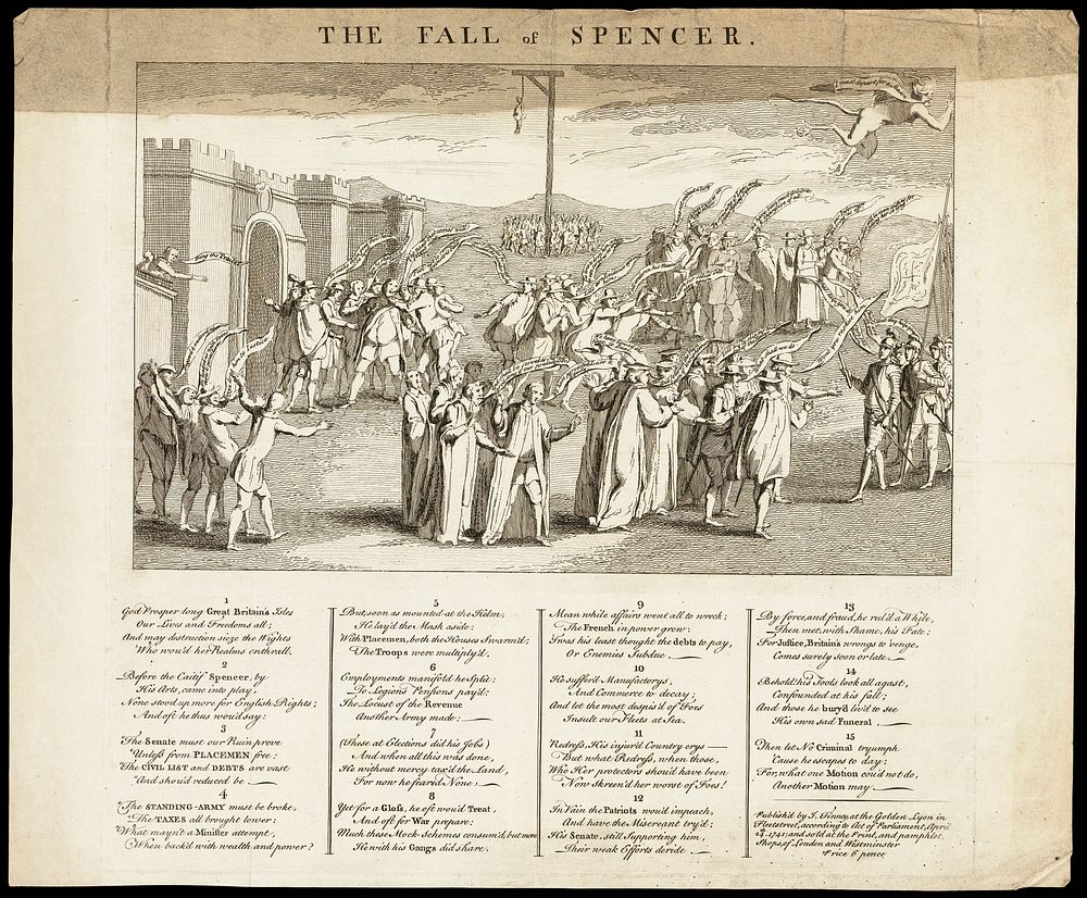 Groups of men gather at an execution. Line engraving by J. Tinney, 1741.