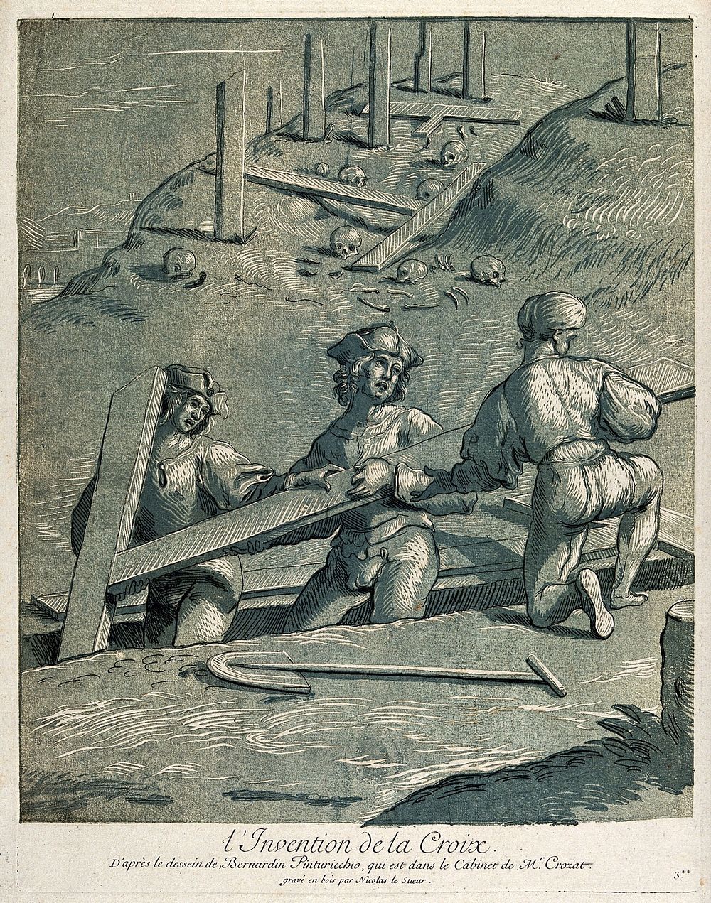 The discovery of the Cross. Colour woodcut by N. Le Sueur after B. Betti, il Pintoricchio.