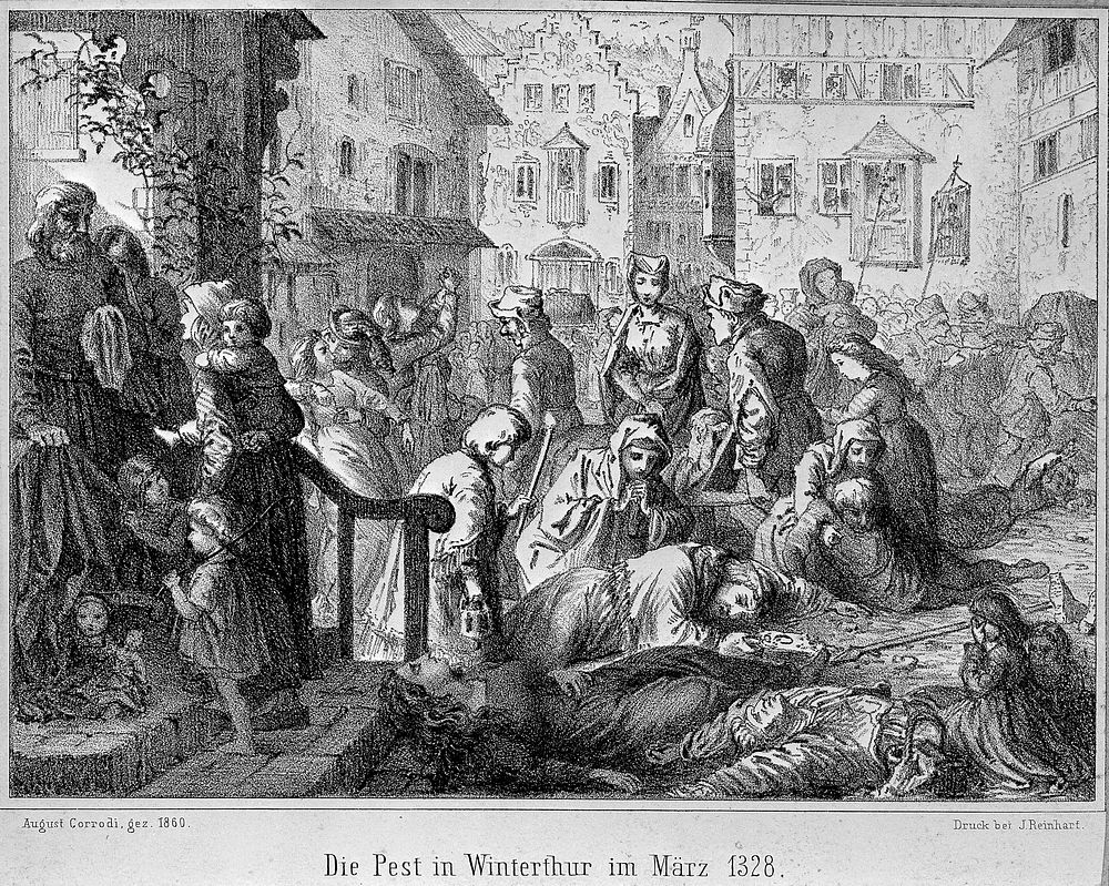 The plague in Winterthur in 1328. Lithograph by A. Corrodi, 1860.