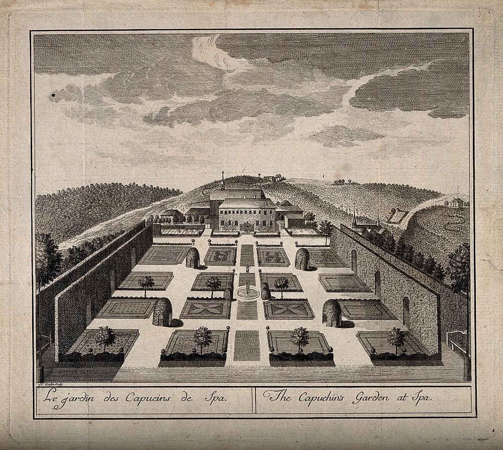 Spa, Belgium: panoramic view of the gardens of the Capuchin monastery. Etching by H.J. Godin, 1782, after A. Le Loup.