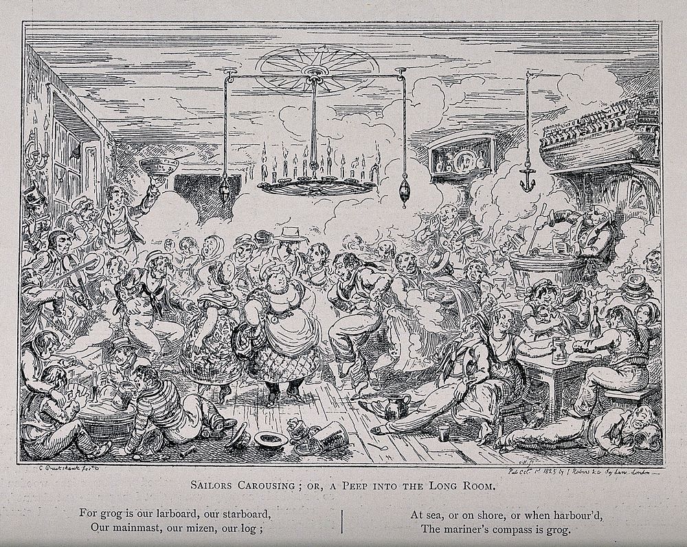 A drunken party with sailors and their women drinking, smoking, and dancing wildly as a band plays. Reproduction of an…
