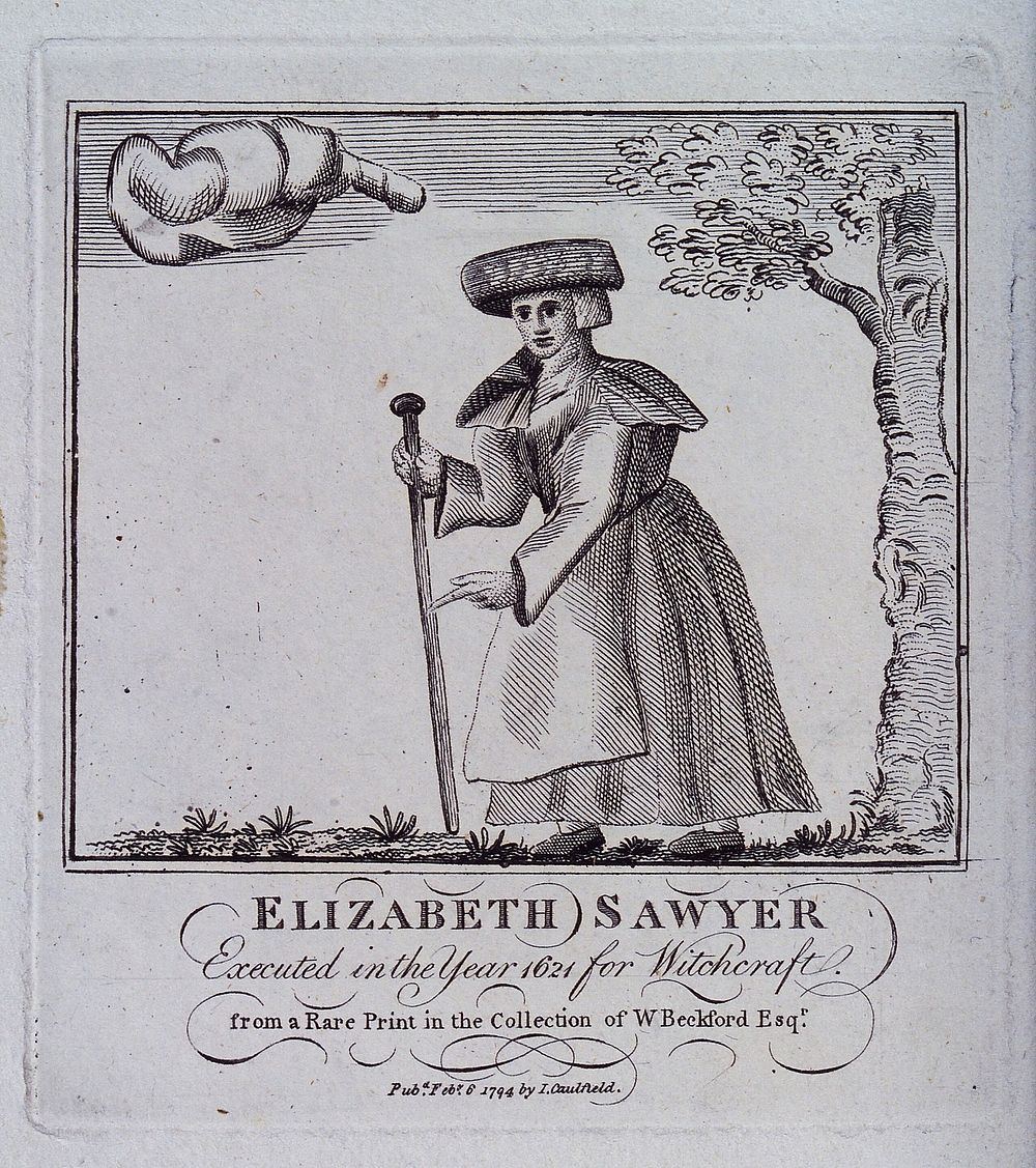 Elizabeth Sawyer, of Edmonton, Middlesex, who was executed for witchcraft in 1621. Etching, 1794.