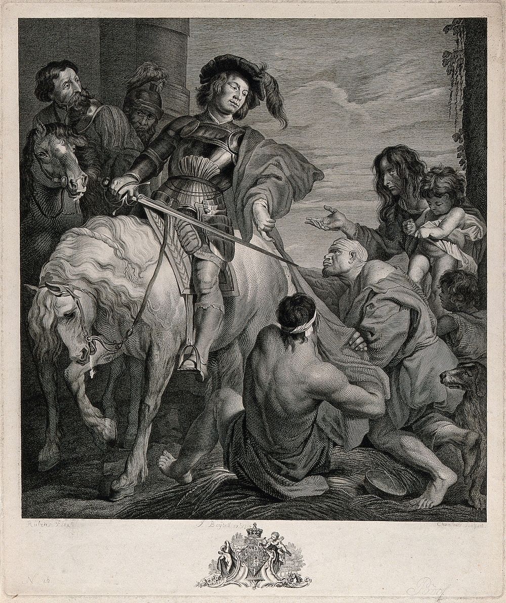 Saint Martin dividing his cloak to give half to a beggar. Engraving by T. Chambars, 1766, after R. Earlom after Sir A. Van…