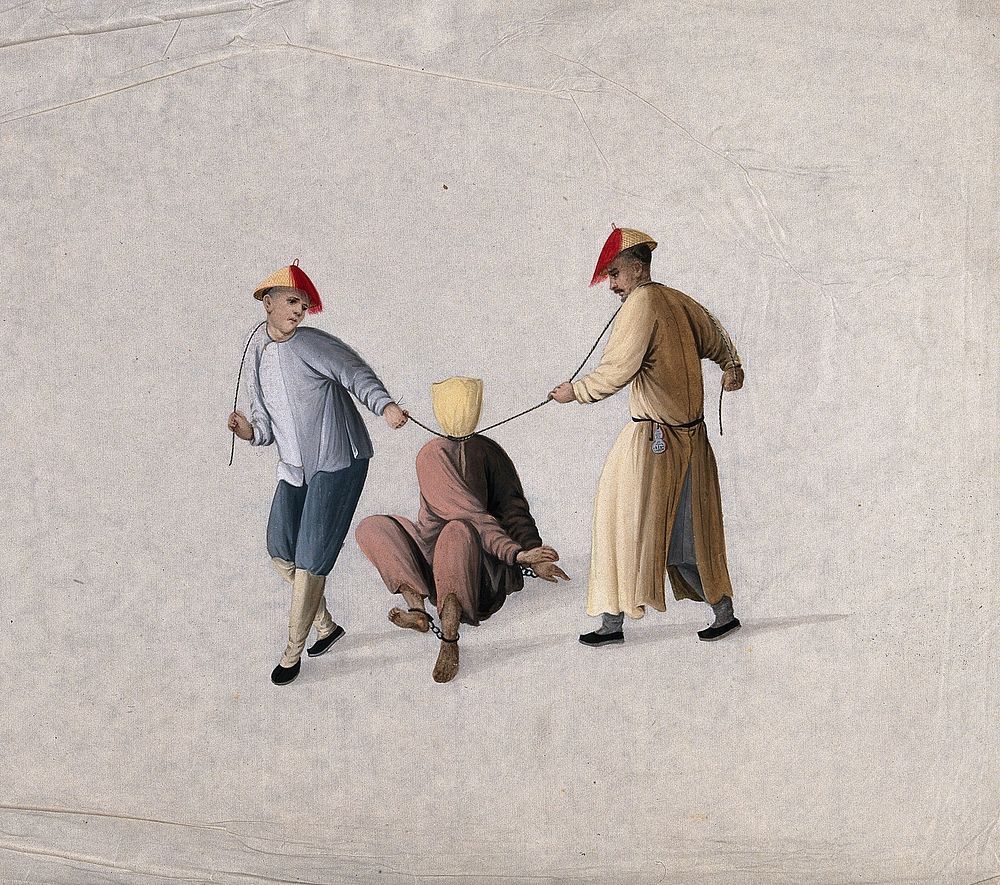 A Chinese prisoner with bound hands and feet and head covered is slowly strangled by two executioners with rope. Gouache…