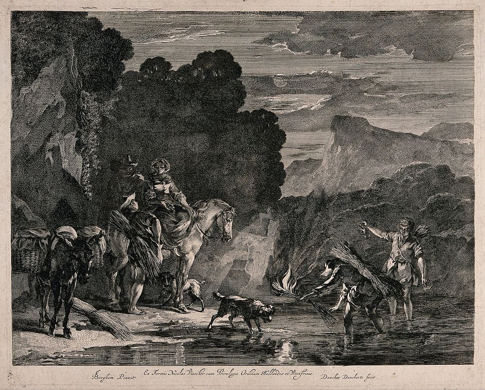 A family on horseback with a donkey for travelling have stopped by the water, one boy is gathering crabs. Engraving by…