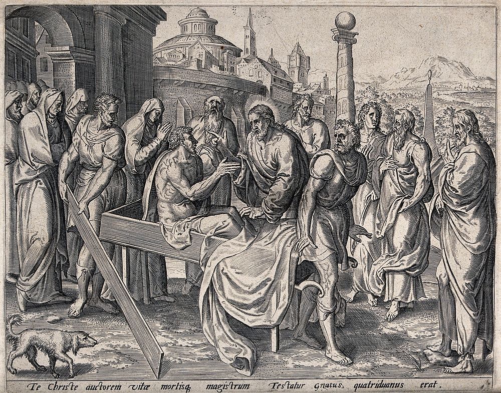 Christ raises the widow's son from the dead. Engraving, c. 17th century.