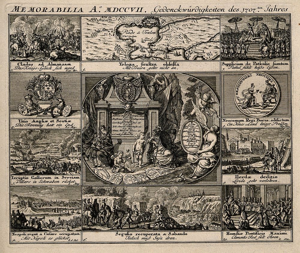 Memorial of events concerning Prussia from the year 1707. Engraving, c. 1722.