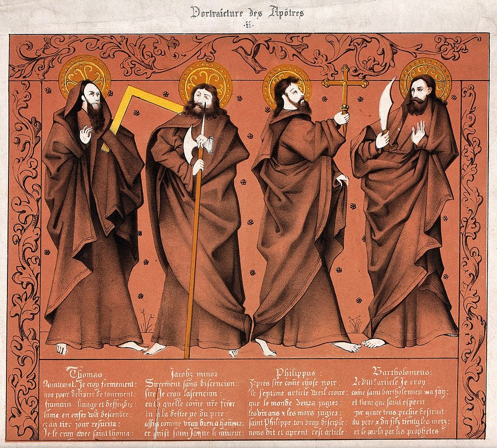 Saint Thomas, Saint James the Less, Saint Philip and Saint Bartholomew. Colour lithograph.