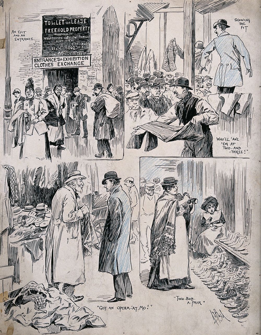 Men and women are buying and selling clothes, hats and shoes at a market. Process print  by A.S. Boyd.