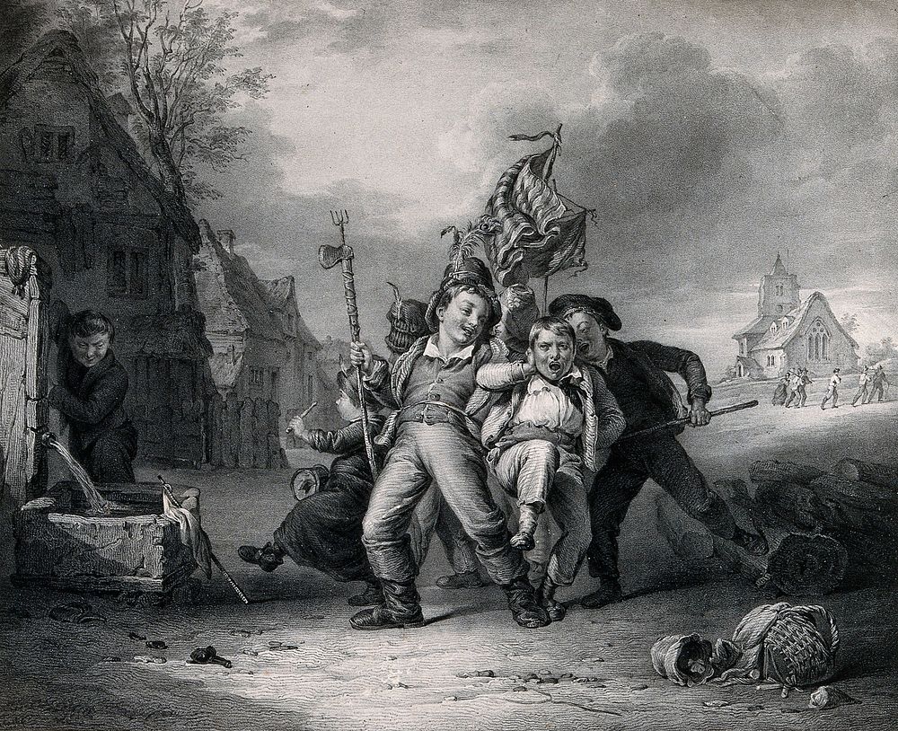 A group of boys with a flag and weapons take hold of one boy who is attempting to escape. Lithograph by Thomas Fairland…