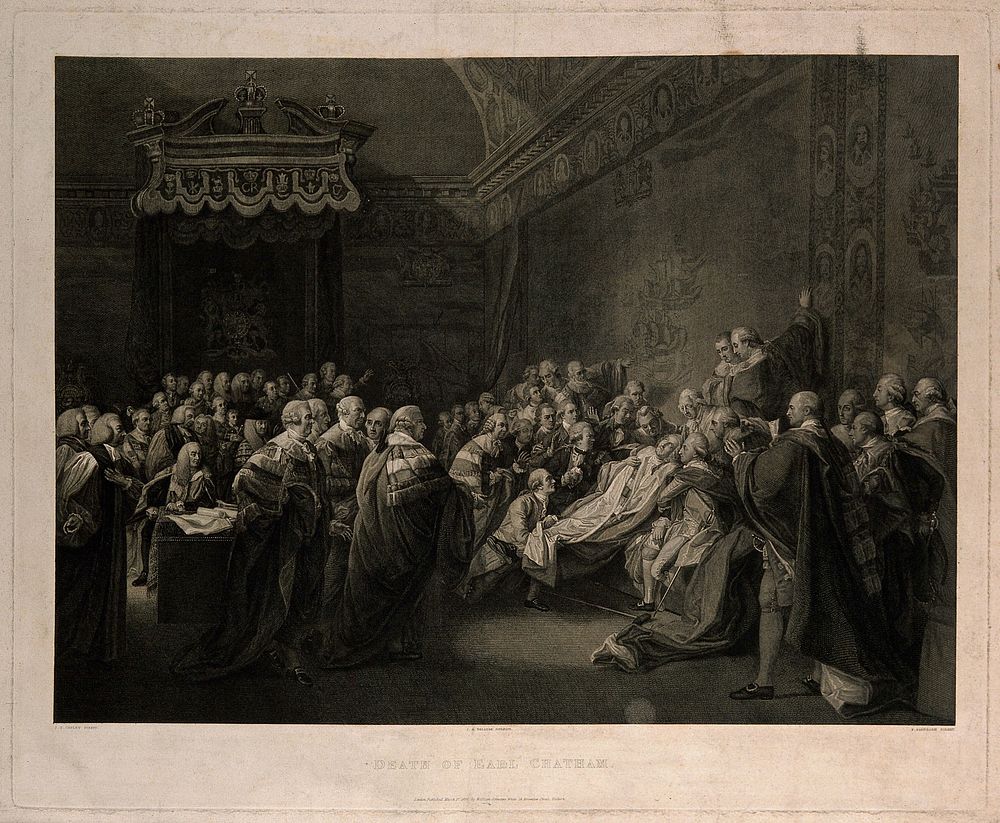The death of William Pitt, Lord Chatham, in the Upper Chamber of the Palace of Westminster, 1778. Engraving by J.M. Delattre…