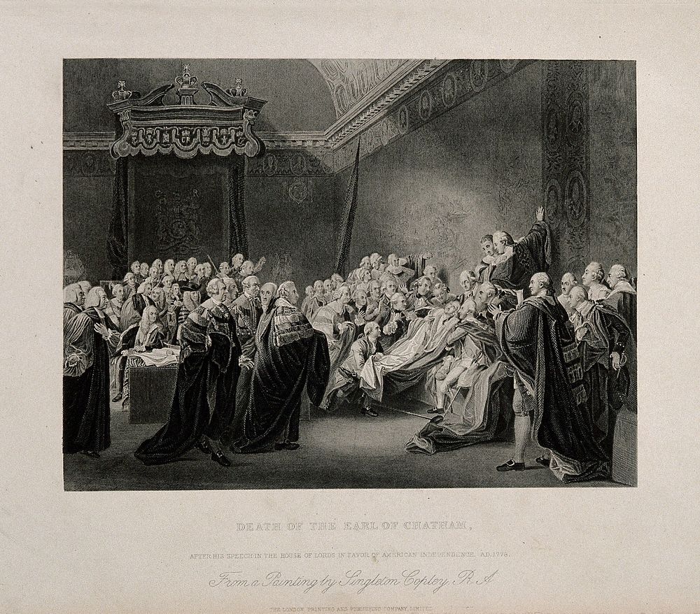 The death of William Pitt, Lord Chatham, in the Upper Chamber of the Palace of Westminster, 1778. Engraving after J. Copley…