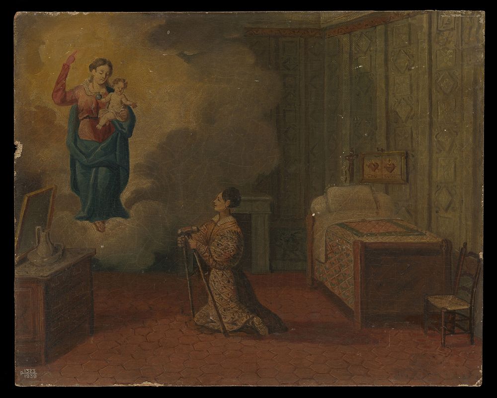Votive picture: a woman kneeling with crutches, praying to the Virgin and Child. Oil painting.