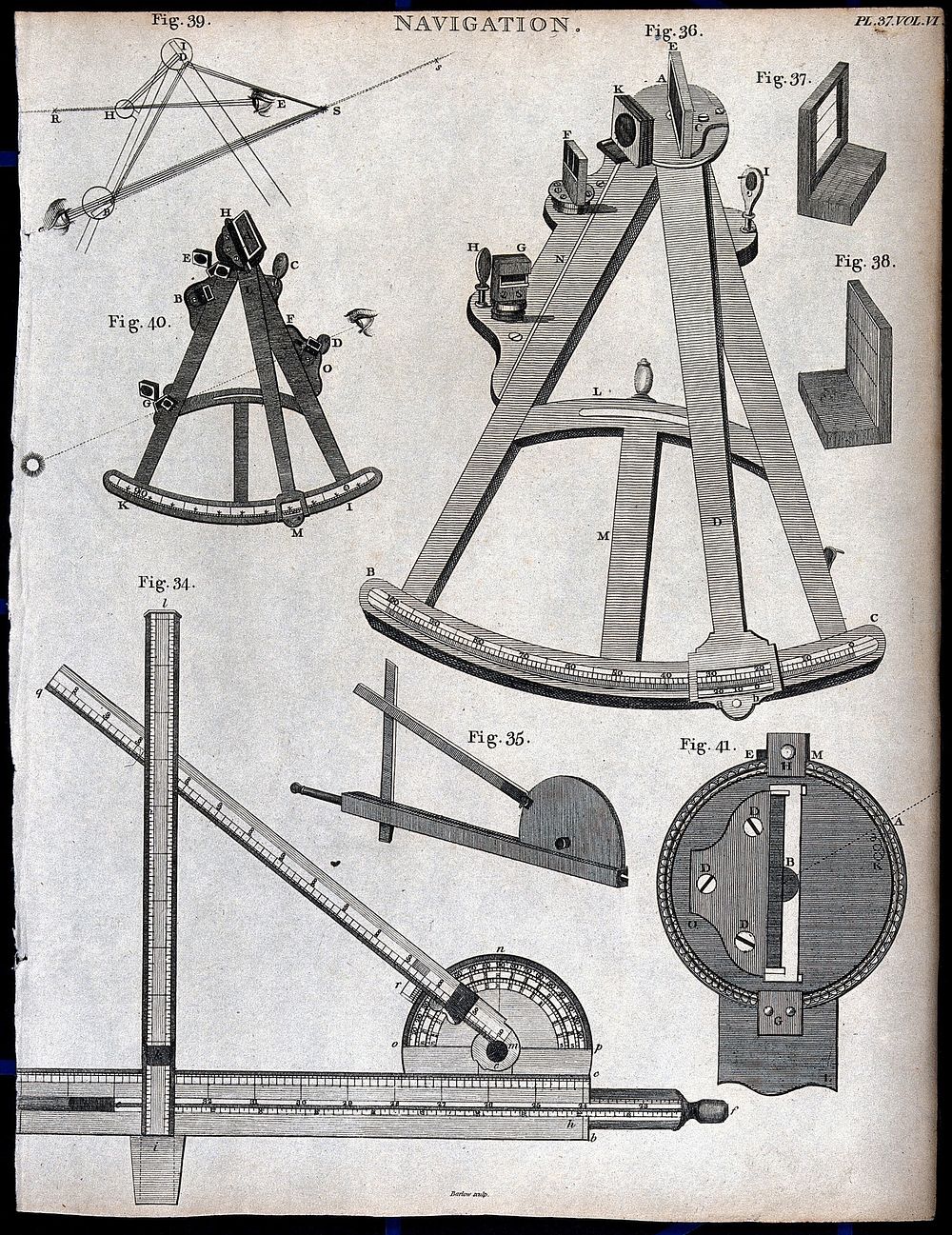 Navigation: various navigational aids, including a quadrant and a sextant. Engraving by Barlow.