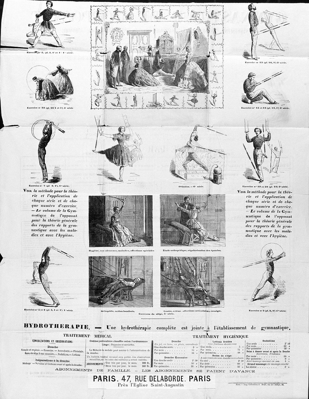 Men and women performing various exercises using the system of opposing forces devised by J.L. Pichery. Wood engravings, 18-…