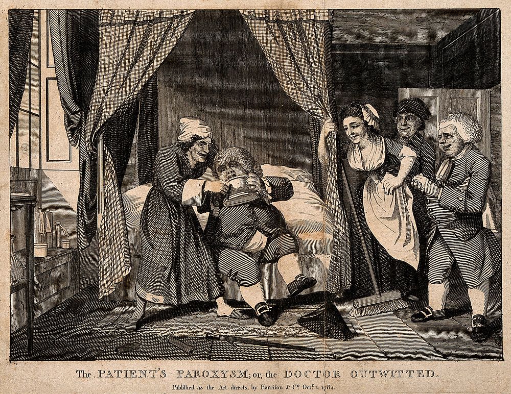 A doctor being tricked into drinking his own medicine. Engraving, 1784.