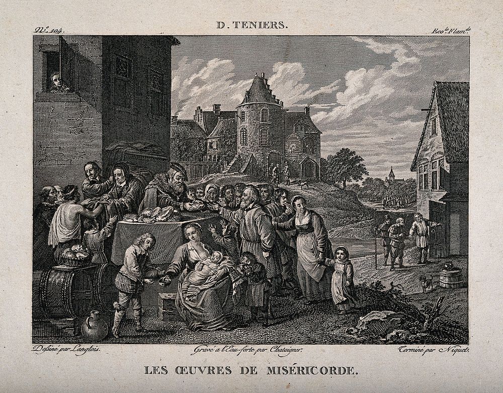 A rich man and his servant hand out food and alms to the poor and hungry. Etching by C. Niquet after P.G. Langlois after D.…