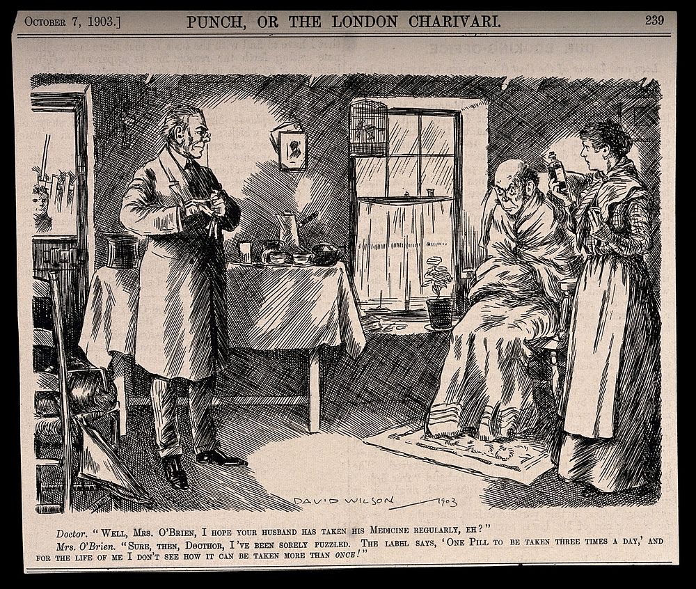 A doctor visiting an Irish patient whose wife queries the recommendation to take one pill three times a day. Wood engraving…