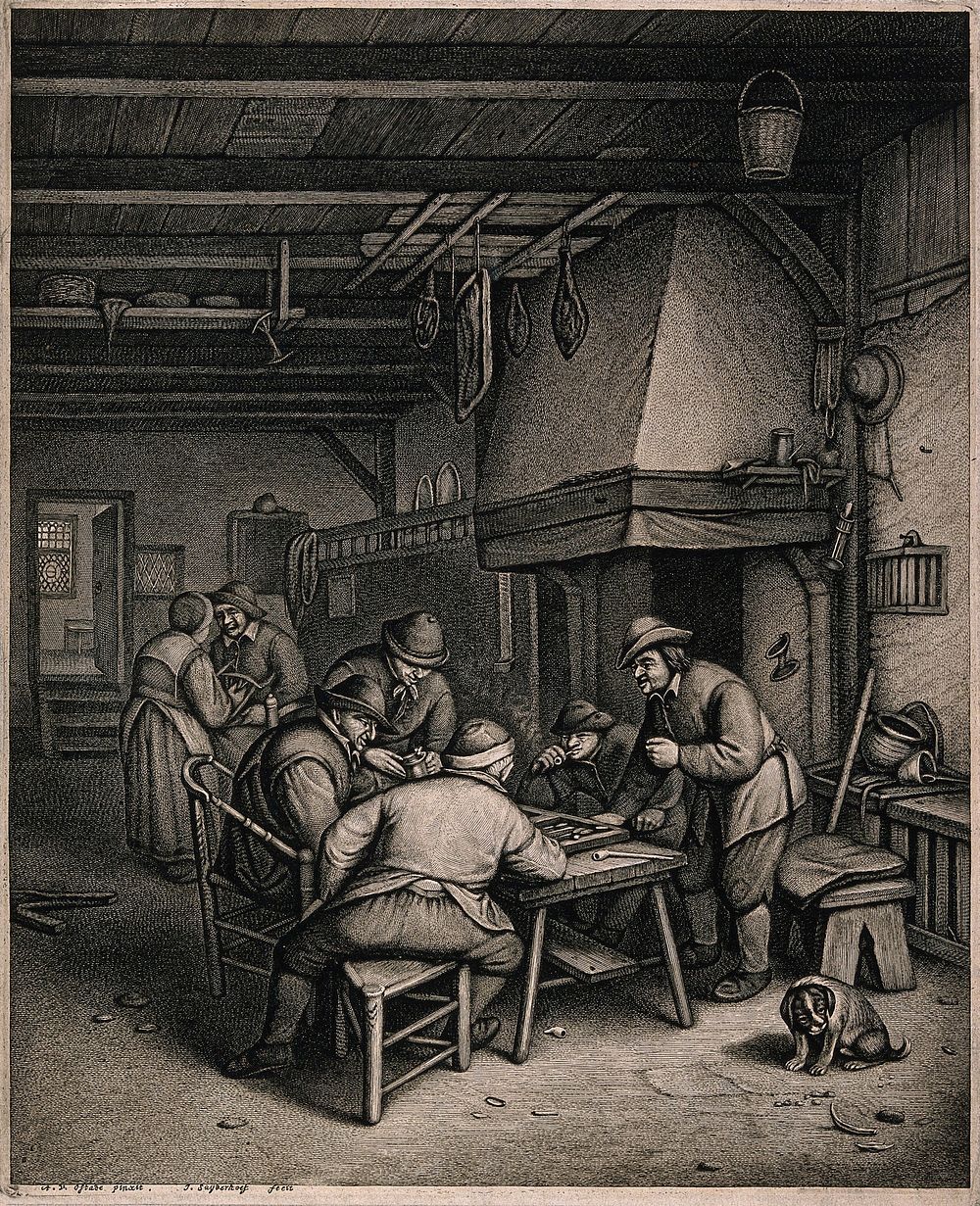 Five men indoors round a table smoking and playing backgammon, behind a man and women talk. Etching by J. Suyderhoff after…