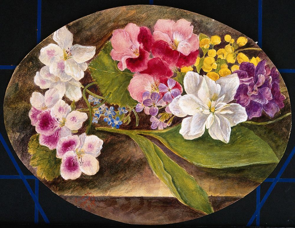 Flowers and leaves in a still-life. Watercolour by L. Handy, 1878.
