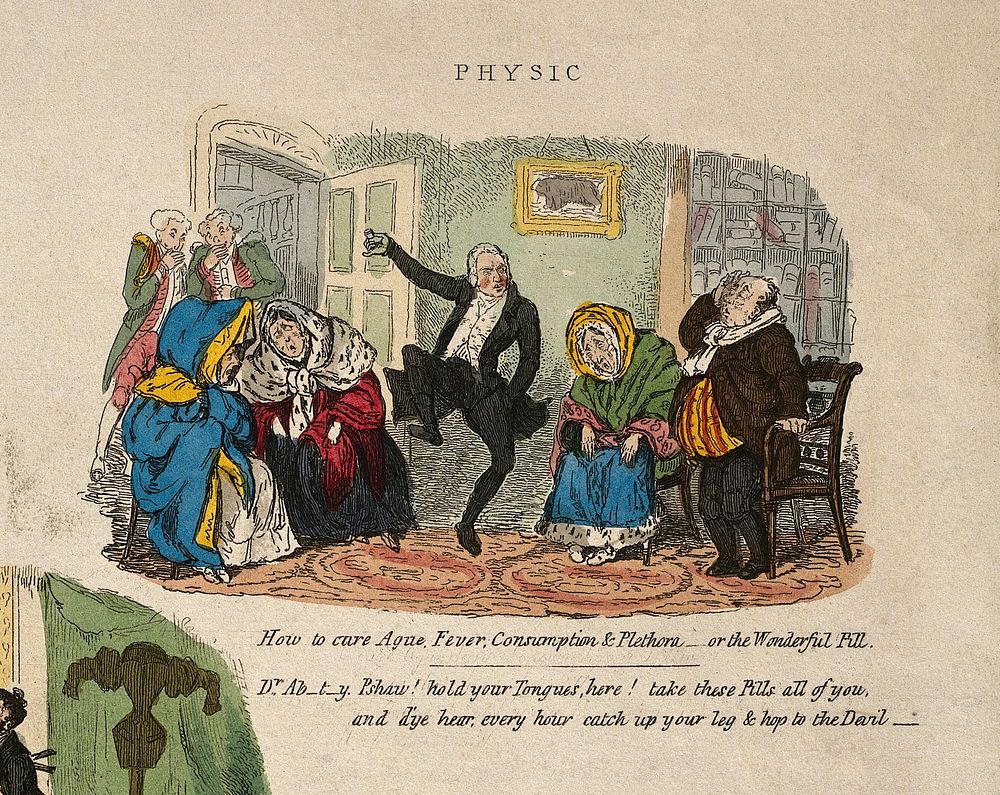John Abernethy, caricatured under "Physic", one of six scenes in "the march of intellect". Coloured etching by R. Seymour…