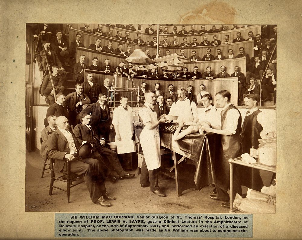 Sir William MacCormac about to perform a surgical operation at the Bellevue Hospital, New York. Albumen print, 1891.