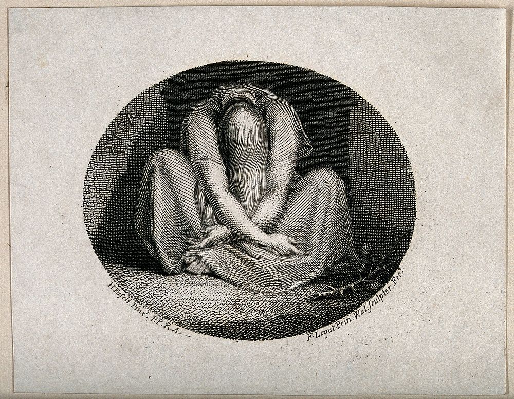 A woman sitting on the ground with crossed legs, her head covered in her lap; representing Silence. Etching by F. Legat…