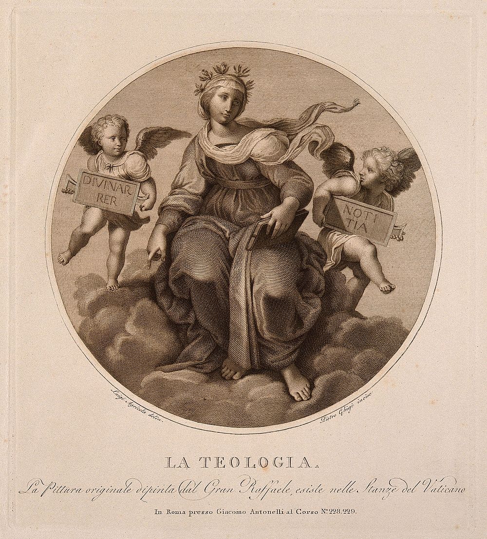 A woman with a Bible resting on the clouds; representing theology. Engraving by P. Ghigi after L. Agricola after Raphael.