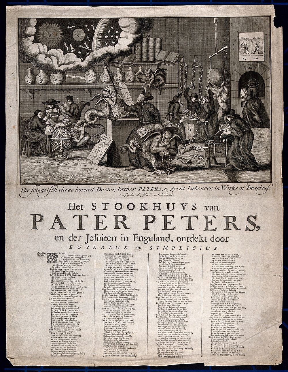 The evil sciences of the Jesuit doctor Father Peters in London. Etching.