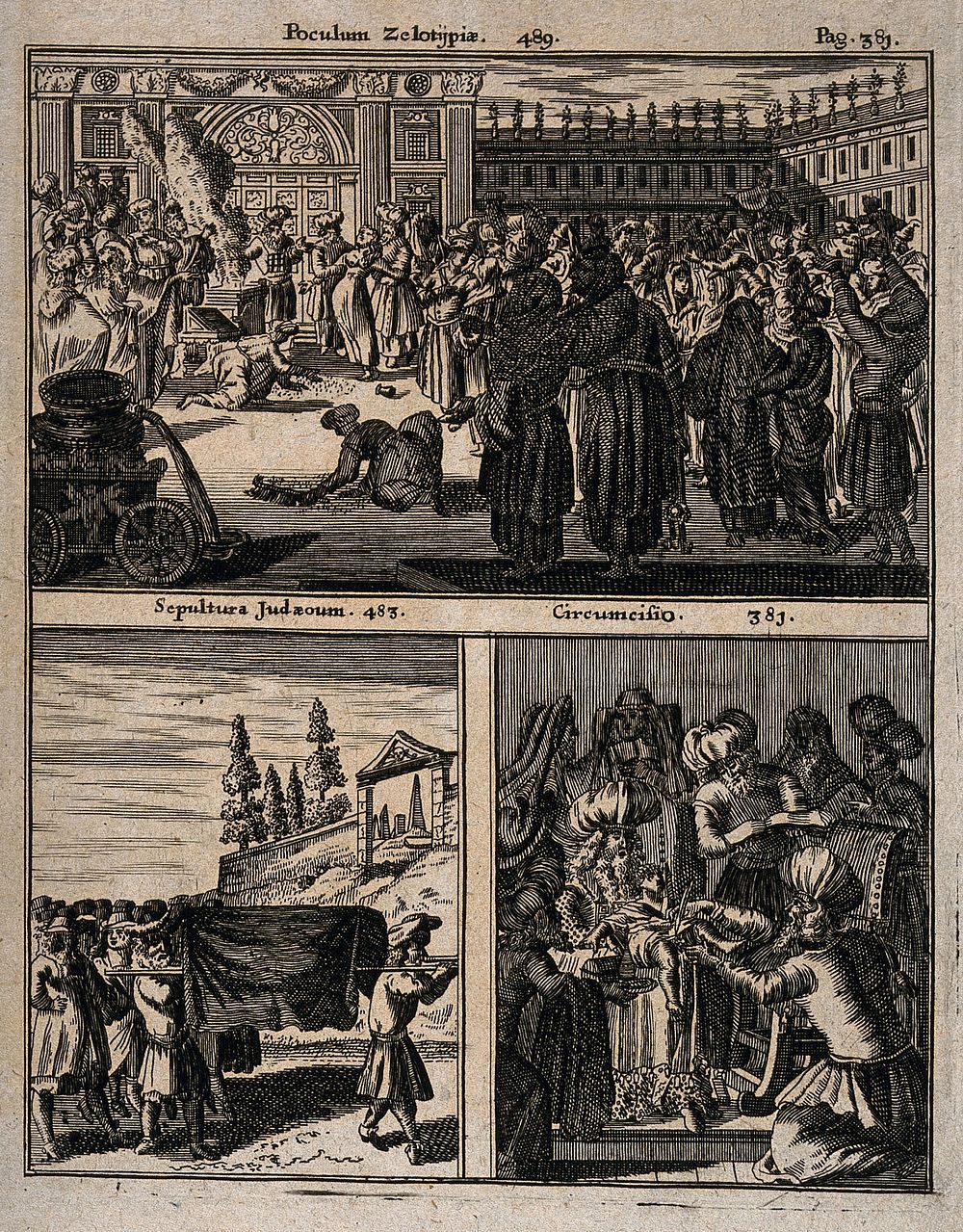 Three scenes: a woman undergoing a trial for adultery, a Jewish burial and circumcision ceremony. Etching after a woodcut…
