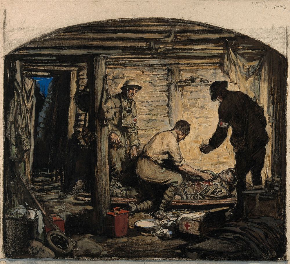 World War One: a physician tending a soldier in a room in the trenches. Coloured charcoal drawing.