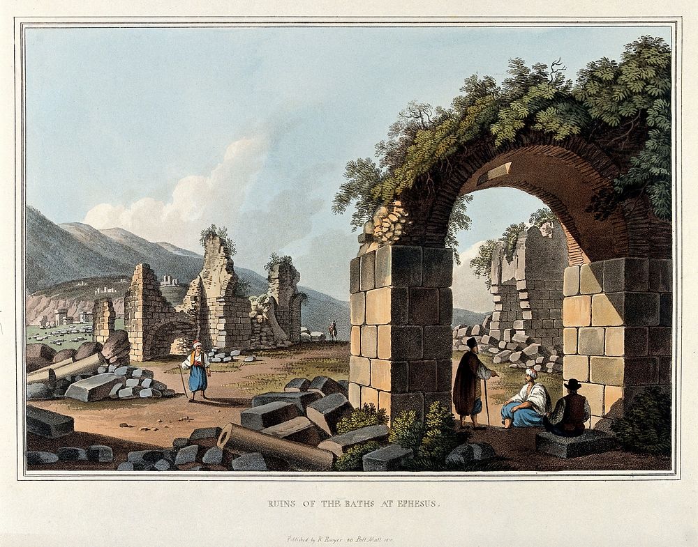 Ruins of the baths at Ephesus. Coloured aquatint, 1810.