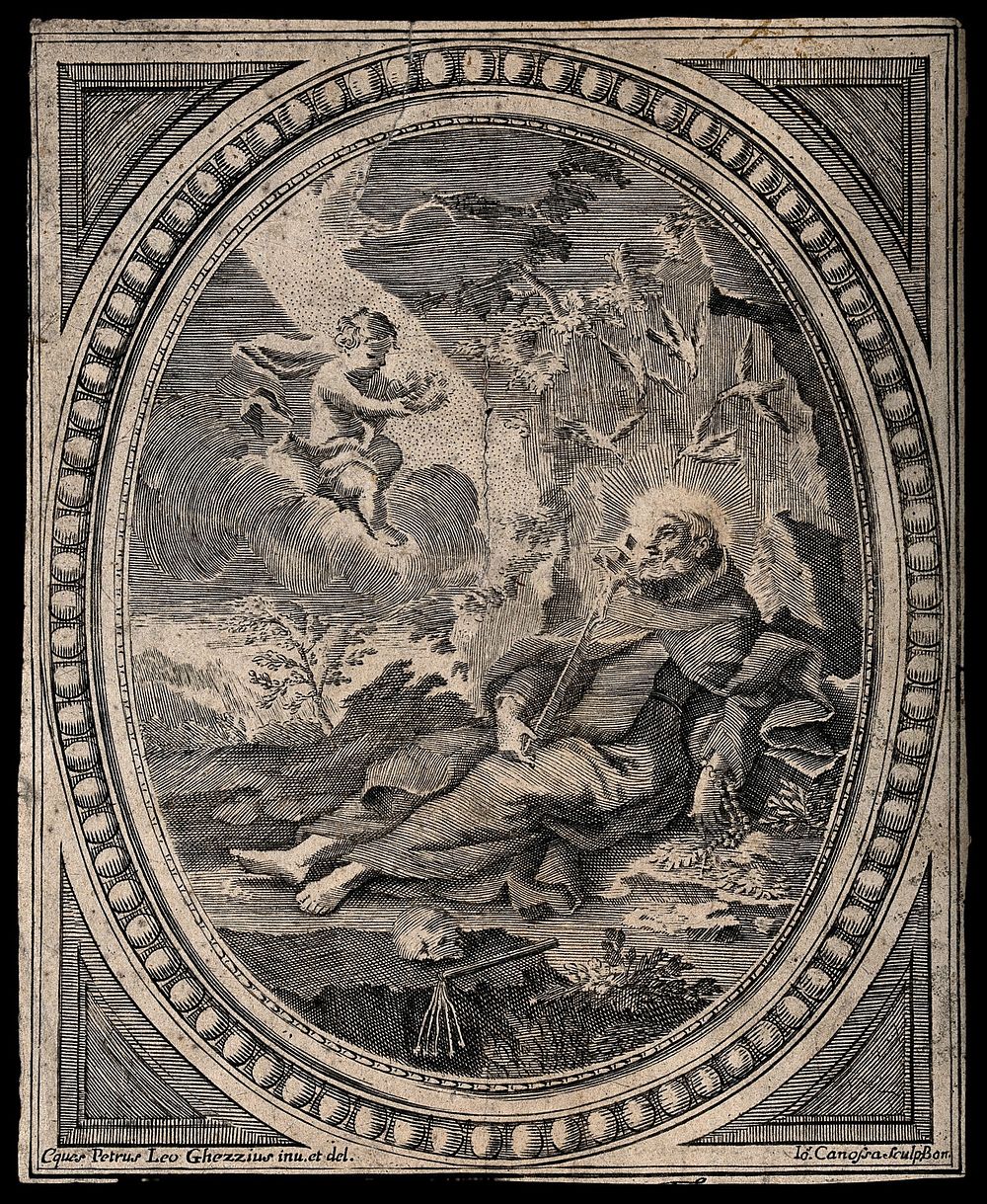 Saint Francis of Assisi  lying on the ground, looking at an angel on a cloud. Engraving by G.B. Canossa after P.L. Ghezzi…