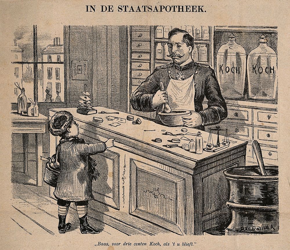 A small boy at an apothecary's shop. Reproduction of a lithograph by A. Holswilder, c. 1890.