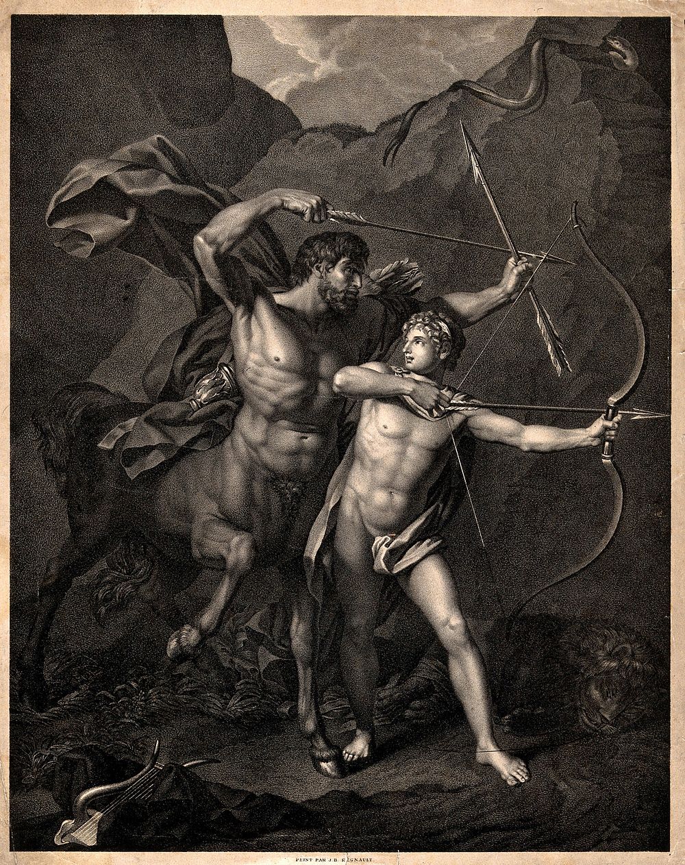 Chiron the centaur teaching Achilles to use a bow and arrow. Lithograph after J.B. Regnault.