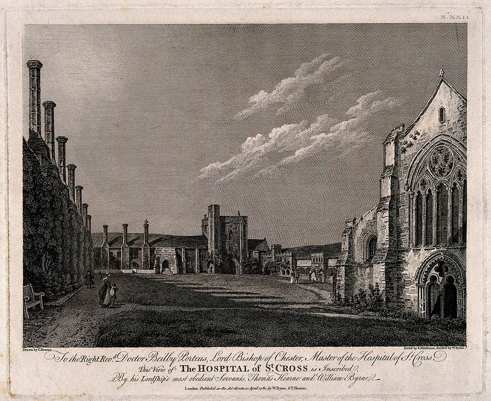 Hospital of St. Cross, Winchester, Hampshire. Etching by S. Middiman and W. Byrne, 1780, after T. Hearne.