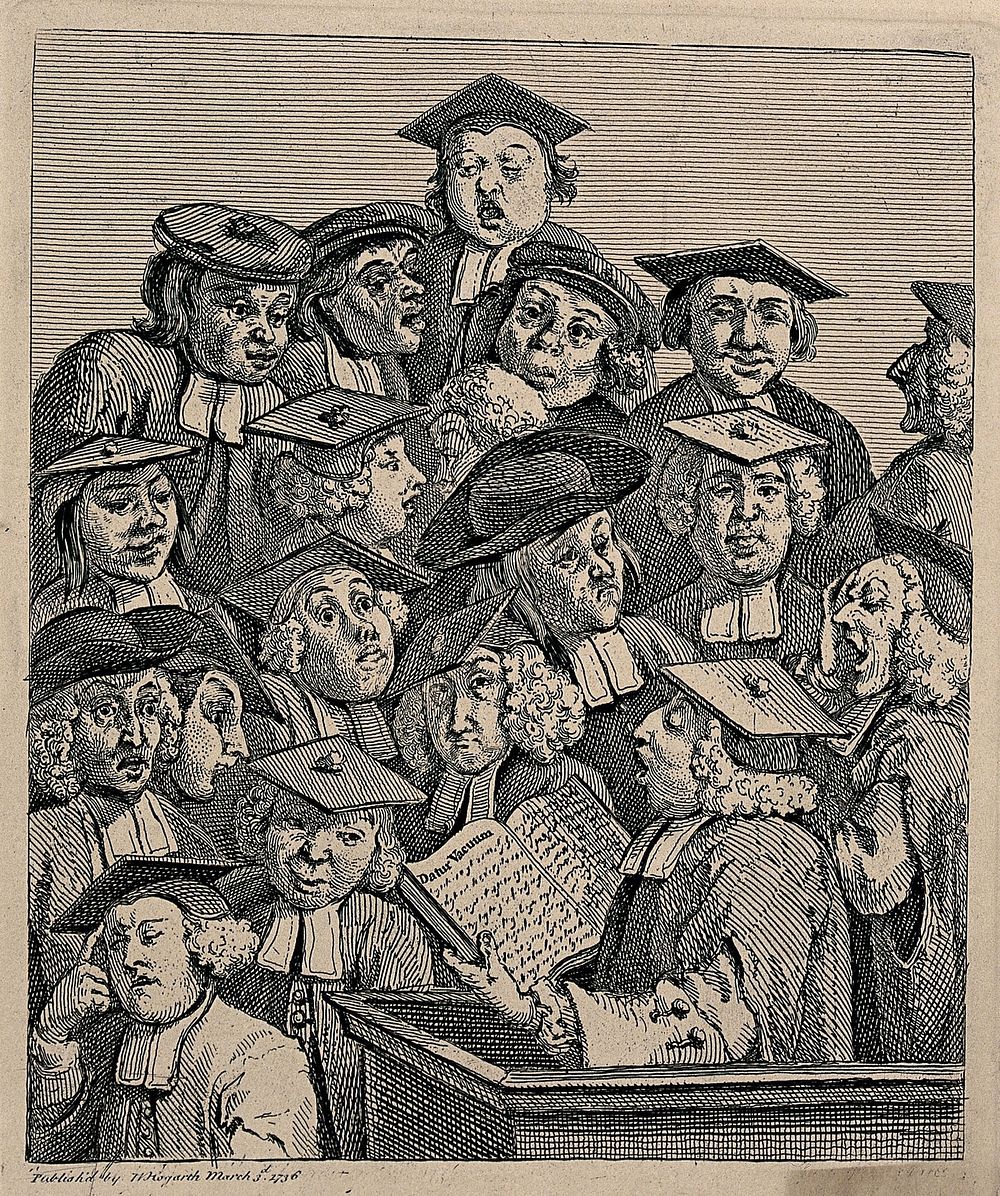 Scholars at a lecture. Engraving by W. Hogarth.